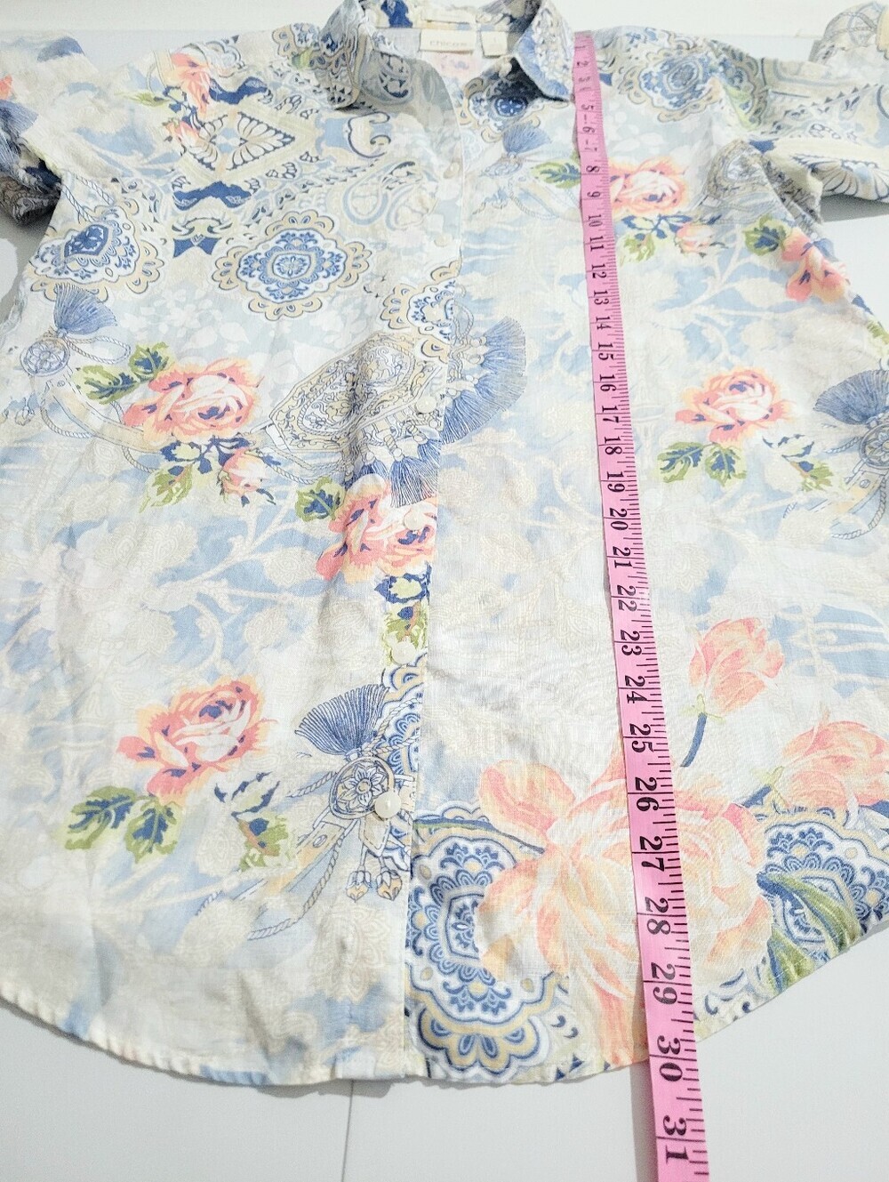 Chico's No-Iron 100% Linen Floral Paisley Button Front Tunic Shirt Medium Woman - Picture 10 of 12